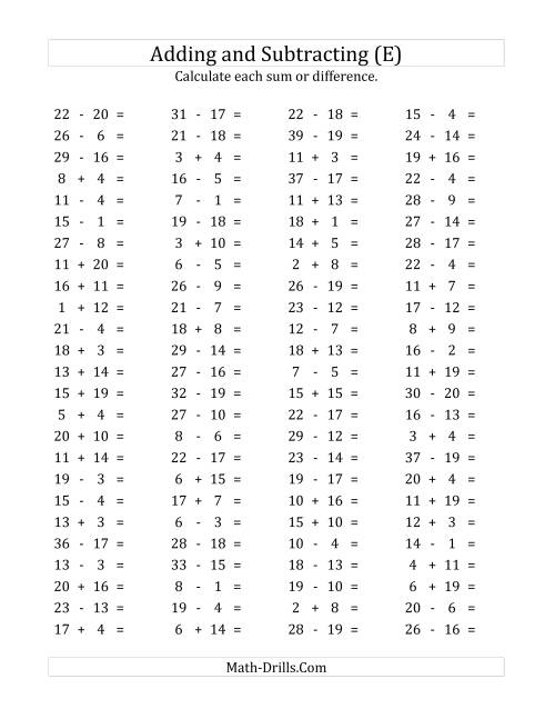 The 100 Horizontal Addition/Subtraction Questions (Facts 1 to 20) (E) Math Worksheet