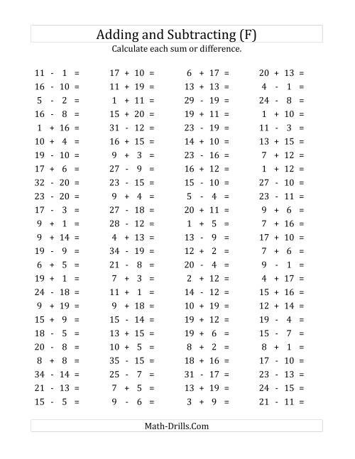 The 100 Horizontal Addition/Subtraction Questions (Facts 1 to 20) (F) Math Worksheet