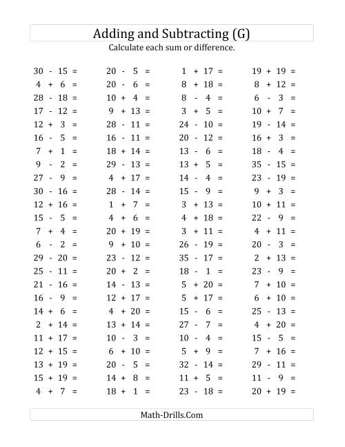 The 100 Horizontal Addition/Subtraction Questions (Facts 1 to 20) (G) Math Worksheet
