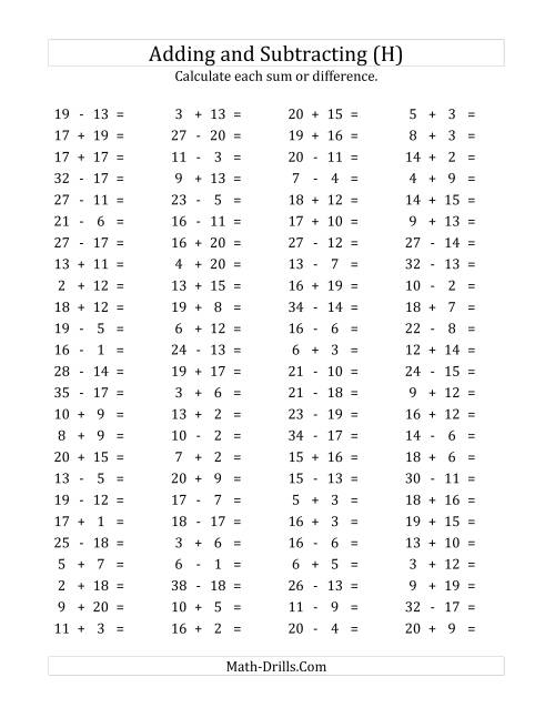 The 100 Horizontal Addition/Subtraction Questions (Facts 1 to 20) (H) Math Worksheet