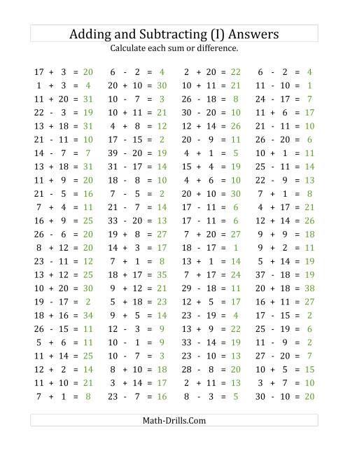 The 100 Horizontal Addition/Subtraction Questions (Facts 1 to 20) (I) Math Worksheet Page 2