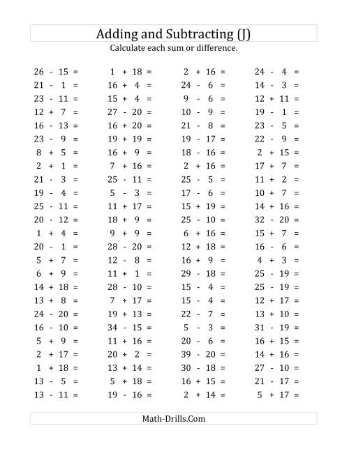 The 100 Horizontal Addition/Subtraction Questions (Facts 1 to 20) (J) Math Worksheet