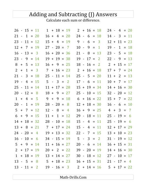 The 100 Horizontal Addition/Subtraction Questions (Facts 1 to 20) (J) Math Worksheet Page 2