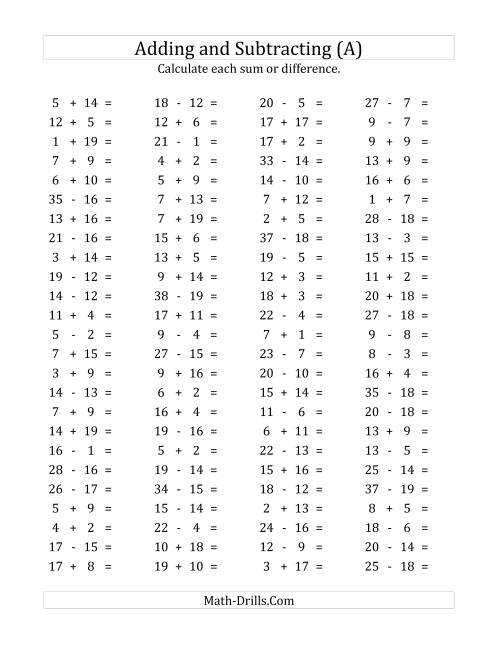 The 100 Horizontal Addition/Subtraction Questions (Facts 1 to 20) (All) Math Worksheet