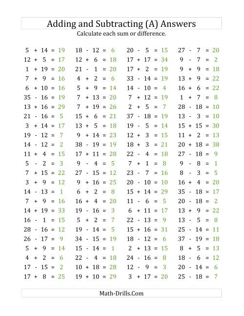 The 100 Horizontal Addition/Subtraction Questions (Facts 1 to 20) (All) Math Worksheet Page 2