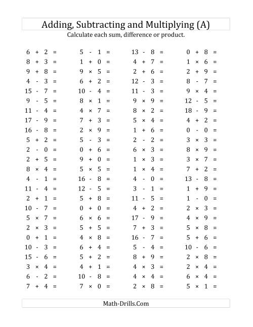 The 100 Horizontal Addition/Subtraction/Multiplication Questions (Facts 0 to 9) (A) Math Worksheet