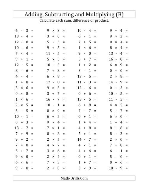 The 100 Horizontal Addition/Subtraction/Multiplication Questions (Facts 0 to 9) (B) Math Worksheet