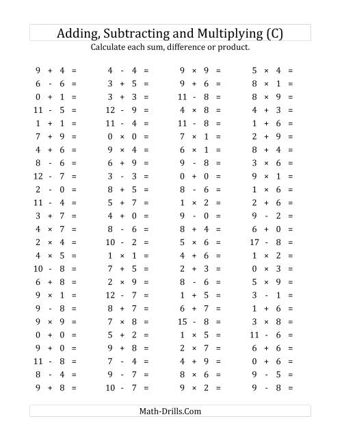 The 100 Horizontal Addition/Subtraction/Multiplication Questions (Facts 0 to 9) (C) Math Worksheet
