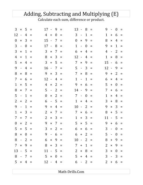 The 100 Horizontal Addition/Subtraction/Multiplication Questions (Facts 0 to 9) (E) Math Worksheet