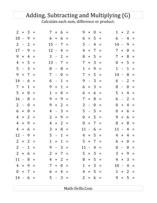The 100 Horizontal Addition/Subtraction/Multiplication Questions (Facts 0 to 9) (G) Math Worksheet