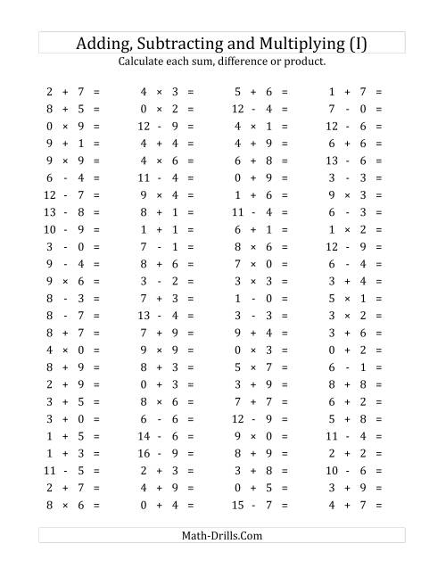 The 100 Horizontal Addition/Subtraction/Multiplication Questions (Facts 0 to 9) (I) Math Worksheet
