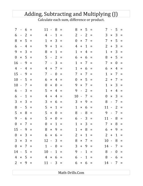 The 100 Horizontal Addition/Subtraction/Multiplication Questions (Facts 0 to 9) (J) Math Worksheet