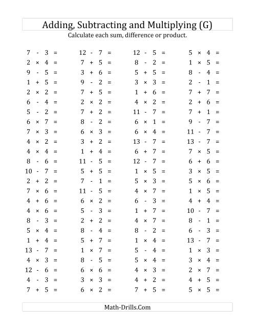 The 100 Horizontal Addition/Subtraction/Multiplication Questions (Facts 1 to 7) (G) Math Worksheet