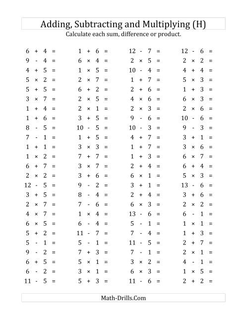 The 100 Horizontal Addition/Subtraction/Multiplication Questions (Facts 1 to 7) (H) Math Worksheet
