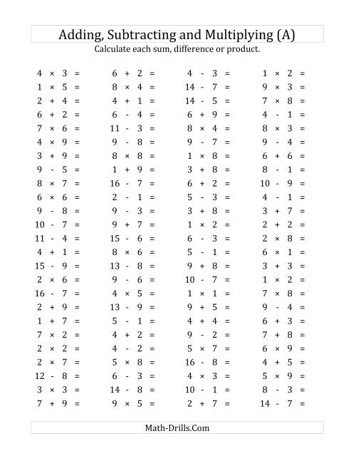 The 100 Horizontal Addition/Subtraction/Multiplication Questions (Facts 1 to 9) (A) Math Worksheet