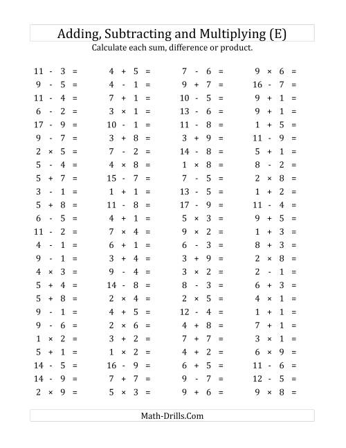The 100 Horizontal Addition/Subtraction/Multiplication Questions (Facts 1 to 9) (E) Math Worksheet