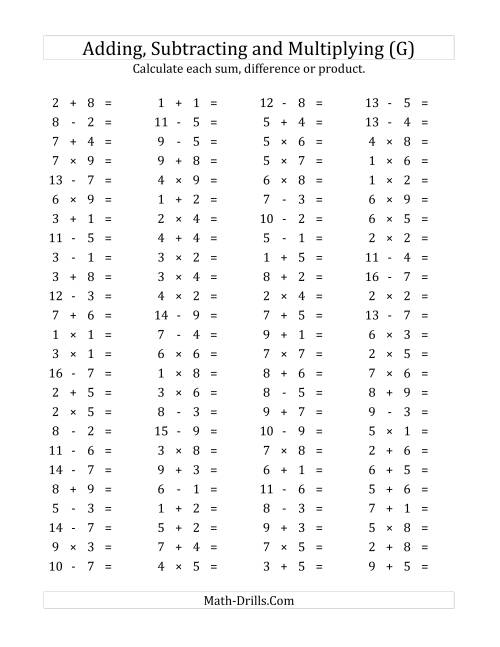 The 100 Horizontal Addition/Subtraction/Multiplication Questions (Facts 1 to 9) (G) Math Worksheet