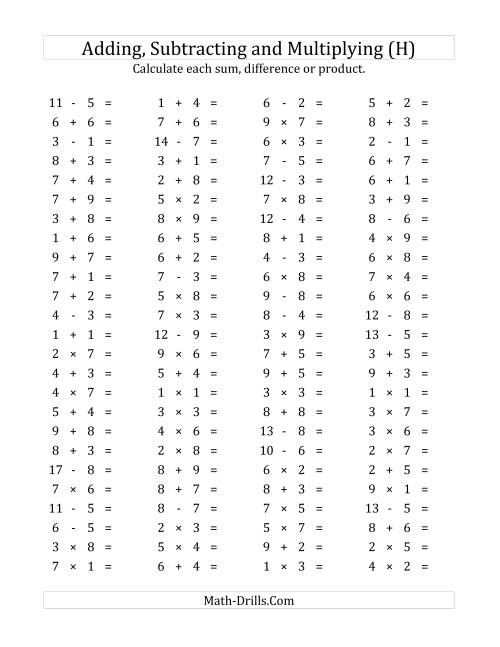 The 100 Horizontal Addition/Subtraction/Multiplication Questions (Facts 1 to 9) (H) Math Worksheet