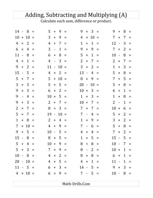 The 100 Horizontal Addition/Subtraction/Multiplication Questions (Facts 1 to 10) (A) Math Worksheet