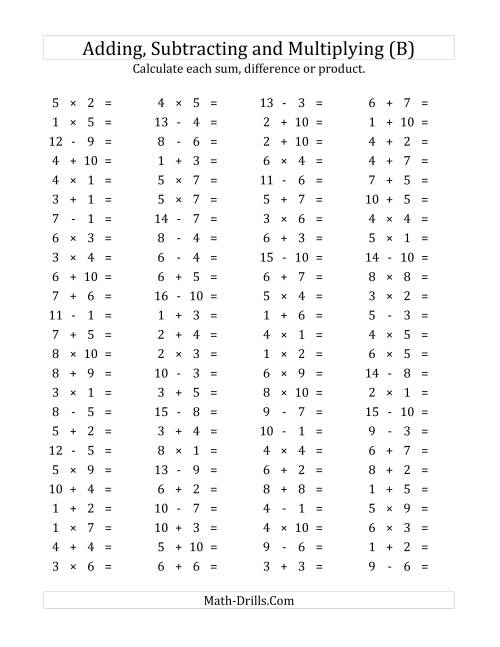 The 100 Horizontal Addition/Subtraction/Multiplication Questions (Facts 1 to 10) (B) Math Worksheet