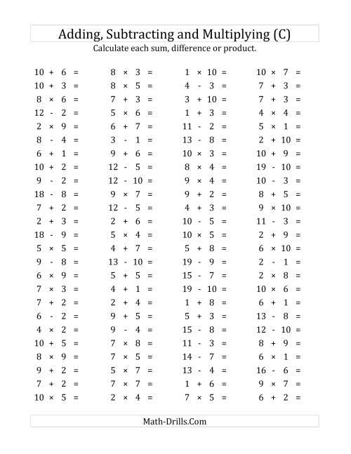 The 100 Horizontal Addition/Subtraction/Multiplication Questions (Facts 1 to 10) (C) Math Worksheet