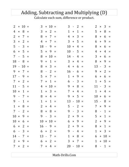 The 100 Horizontal Addition/Subtraction/Multiplication Questions (Facts 1 to 10) (D) Math Worksheet