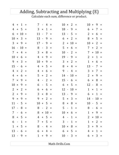 The 100 Horizontal Addition/Subtraction/Multiplication Questions (Facts 1 to 10) (E) Math Worksheet