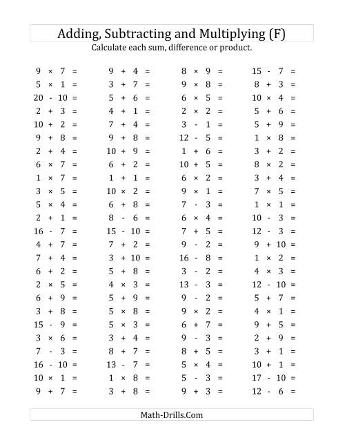 The 100 Horizontal Addition/Subtraction/Multiplication Questions (Facts 1 to 10) (F) Math Worksheet