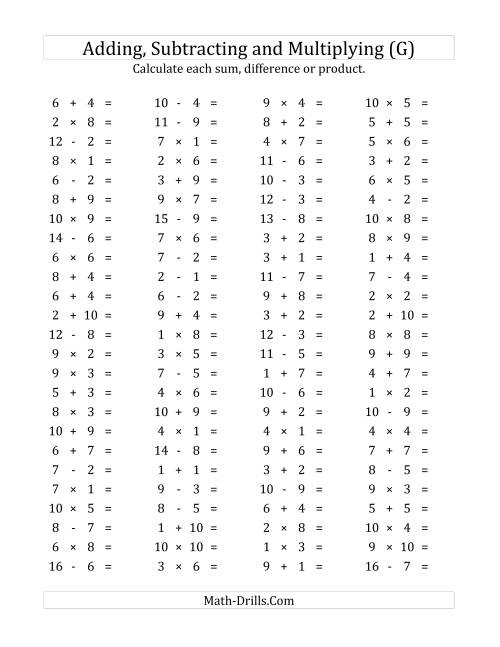 The 100 Horizontal Addition/Subtraction/Multiplication Questions (Facts 1 to 10) (G) Math Worksheet