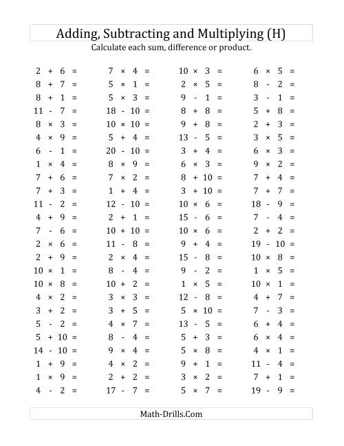 The 100 Horizontal Addition/Subtraction/Multiplication Questions (Facts 1 to 10) (H) Math Worksheet