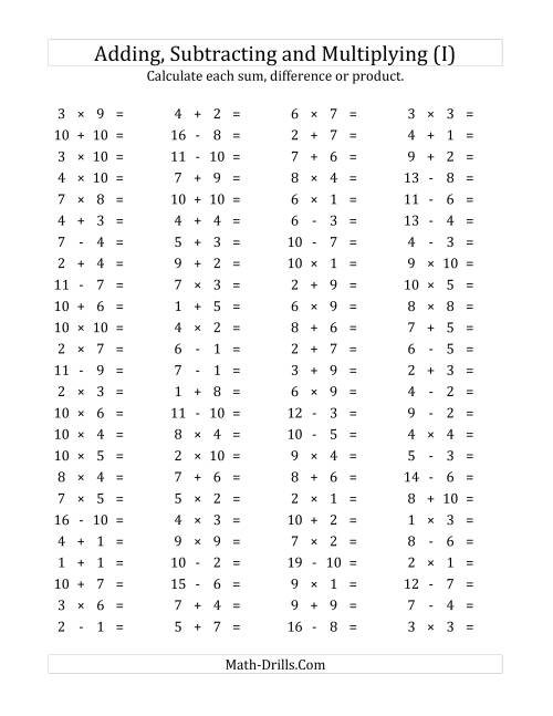 The 100 Horizontal Addition/Subtraction/Multiplication Questions (Facts 1 to 10) (I) Math Worksheet
