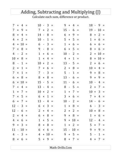 The 100 Horizontal Addition/Subtraction/Multiplication Questions (Facts 1 to 10) (J) Math Worksheet