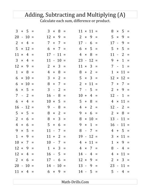 The 100 Horizontal Addition/Subtraction/Multiplication Questions (Facts 1 to 12) (A) Math Worksheet