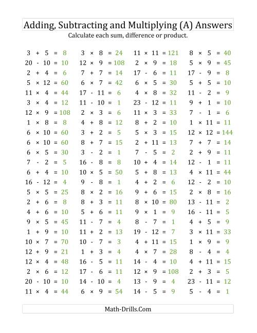 The 100 Horizontal Addition/Subtraction/Multiplication Questions (Facts 1 to 12) (A) Math Worksheet Page 2