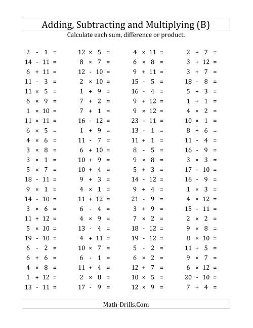 The 100 Horizontal Addition/Subtraction/Multiplication Questions (Facts 1 to 12) (B) Math Worksheet