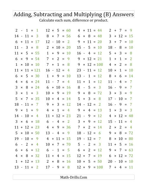 The 100 Horizontal Addition/Subtraction/Multiplication Questions (Facts 1 to 12) (B) Math Worksheet Page 2