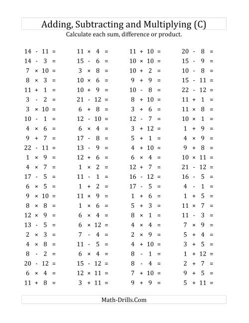 The 100 Horizontal Addition/Subtraction/Multiplication Questions (Facts 1 to 12) (C) Math Worksheet
