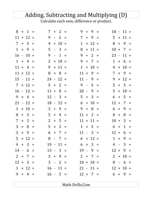 The 100 Horizontal Addition/Subtraction/Multiplication Questions (Facts 1 to 12) (D) Math Worksheet