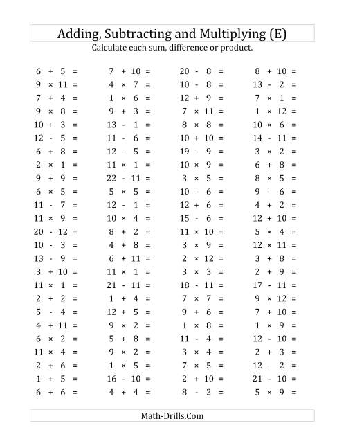 The 100 Horizontal Addition/Subtraction/Multiplication Questions (Facts 1 to 12) (E) Math Worksheet