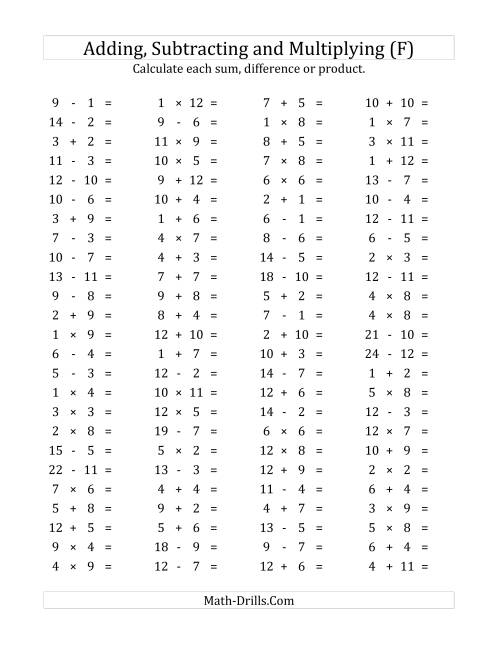 The 100 Horizontal Addition/Subtraction/Multiplication Questions (Facts 1 to 12) (F) Math Worksheet