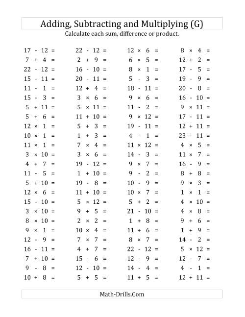 The 100 Horizontal Addition/Subtraction/Multiplication Questions (Facts 1 to 12) (G) Math Worksheet