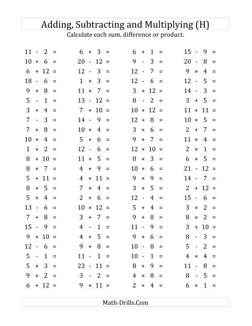 The 100 Horizontal Addition/Subtraction/Multiplication Questions (Facts 1 to 12) (H) Math Worksheet