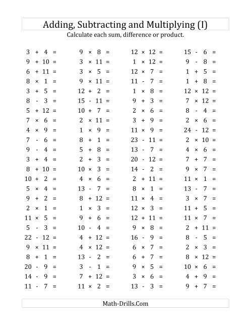 The 100 Horizontal Addition/Subtraction/Multiplication Questions (Facts 1 to 12) (I) Math Worksheet