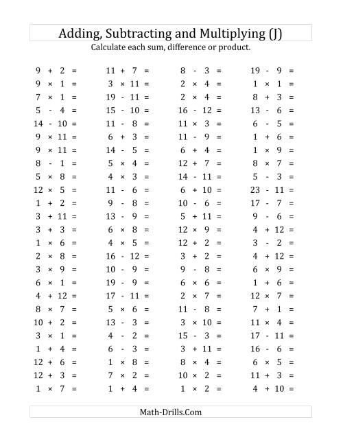The 100 Horizontal Addition/Subtraction/Multiplication Questions (Facts 1 to 12) (J) Math Worksheet