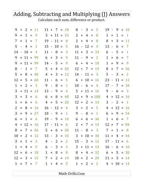 The 100 Horizontal Addition/Subtraction/Multiplication Questions (Facts 1 to 12) (J) Math Worksheet Page 2