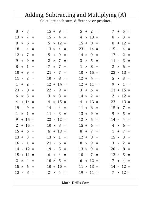 The 100 Horizontal Addition/Subtraction/Multiplication Questions (Facts 1 to 15) (A) Math Worksheet
