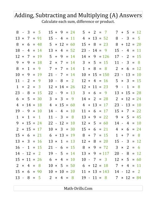 The 100 Horizontal Addition/Subtraction/Multiplication Questions (Facts 1 to 15) (A) Math Worksheet Page 2