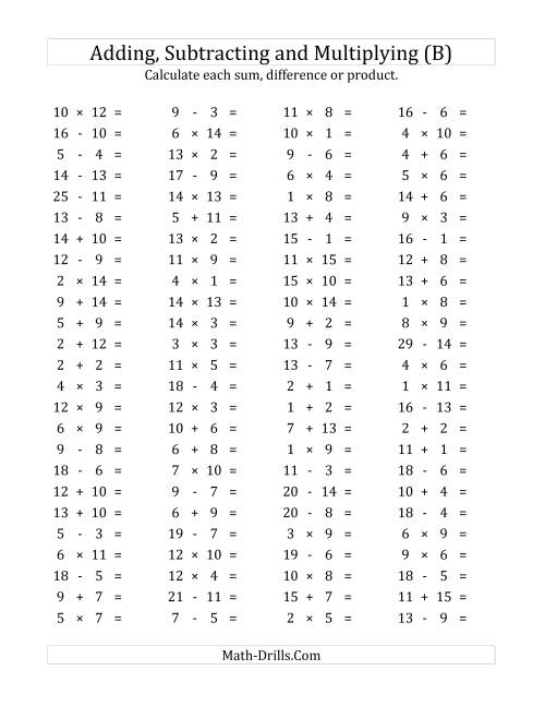 The 100 Horizontal Addition/Subtraction/Multiplication Questions (Facts 1 to 15) (B) Math Worksheet