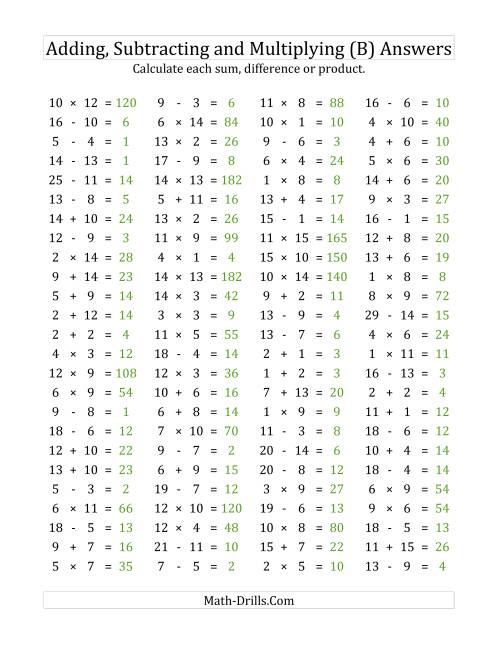 The 100 Horizontal Addition/Subtraction/Multiplication Questions (Facts 1 to 15) (B) Math Worksheet Page 2