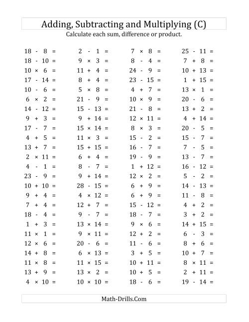 The 100 Horizontal Addition/Subtraction/Multiplication Questions (Facts 1 to 15) (C) Math Worksheet